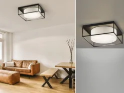 LED Deckenleuchte eckig groß mit Leinen Stoffschirm Beige, Quadrat 50cm