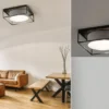 LED Deckenleuchte eckig groß mit Leinen Stoffschirm Grau, Quadrat 50cm
