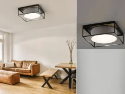 LED Deckenleuchte eckig groß mit Leinen Stoffschirm Grau, Quadrat 50cm