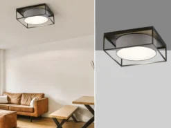 LED Deckenleuchte eckig groß mit Leinen Stoffschirm Grau, Quadrat 60cm