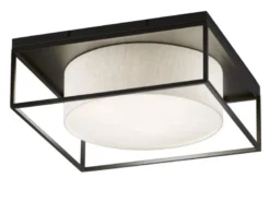 LED Deckenleuchte eckig groß mit Leinen Stoffschirm Beige, Quadrat 70cm