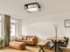 LED Deckenleuchte eckig groß mit Leinen Stoffschirm Beige, Quadrat 70cm