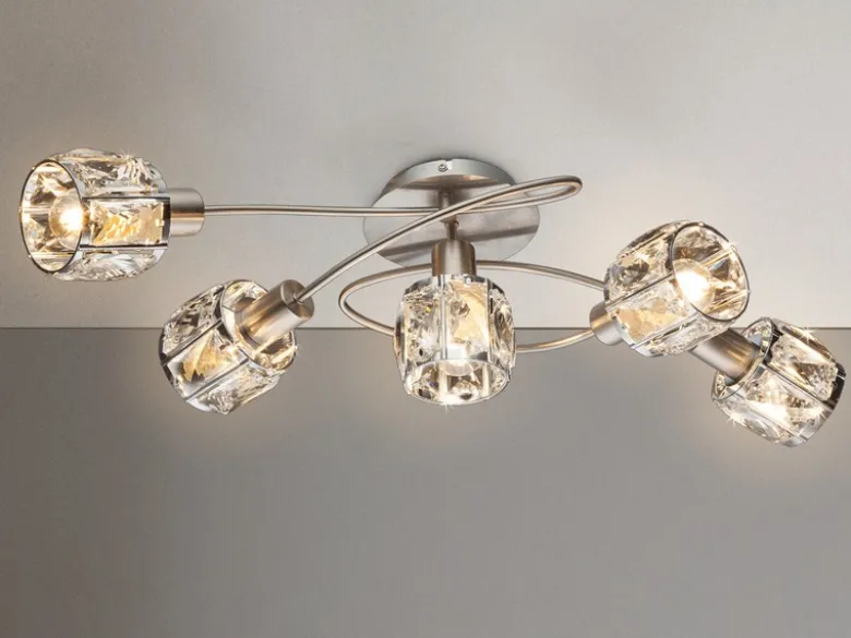 LED Deckenleuchte 5-flammig mit Glaskristallen Silber matt, Breite 61,5cm