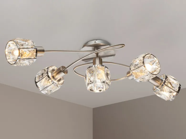 LED Deckenleuchte 5-flammig mit Glaskristallen Silber matt, Breite 61,5cm