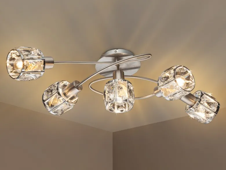 LED Deckenleuchte 5-flammig mit Glaskristallen Silber matt, Breite 61,5cm