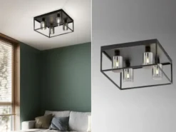 LED Deckenleuchte 4-flammig Schwarz mit Rauchglas, Quadrat 45cm