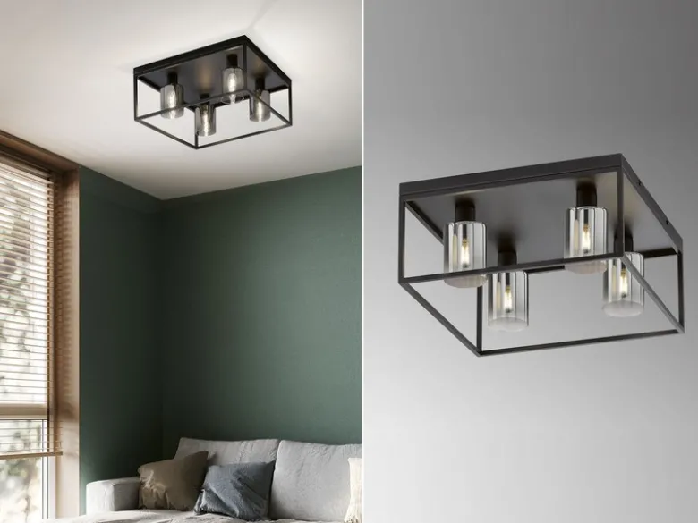 LED Deckenleuchte 4-flammig Schwarz mit Rauchglas, Quadrat 45cm