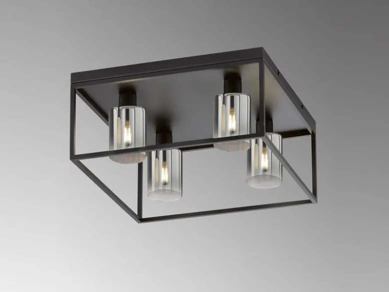 LED Deckenleuchte 4-flammig Schwarz mit Rauchglas, Quadrat 45cm