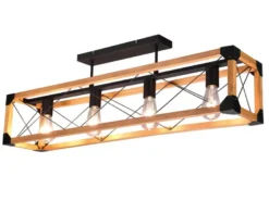 LED Deckenleuchte 4-flammig Schwarz mit Holzbalken, Breite 100cm