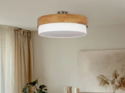 LED Deckenleuchte Holzlampe mit Stoffschirm Weiß, Ø 50cm