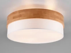 LED Deckenleuchte Holzlampe mit Stoffschirm Weiß, Ø 50cm