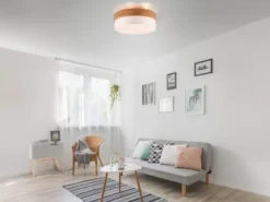 LED Deckenleuchte Holzlampe mit Stoffschirm Weiß, Ø 50cm