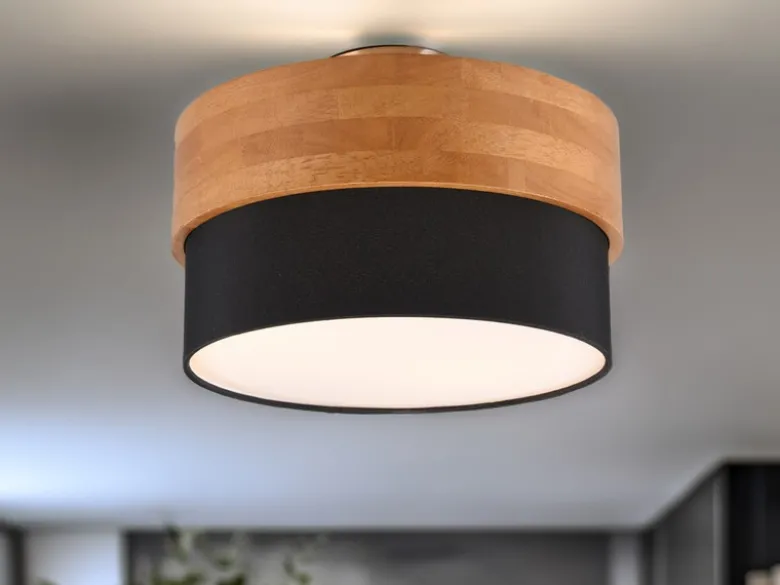 LED Deckenleuchte Holzlampe mit Stoffschirm Schwarz, Ø 30cm