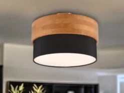LED Deckenleuchte Holzlampe mit Stoffschirm Schwarz, Ø 30cm