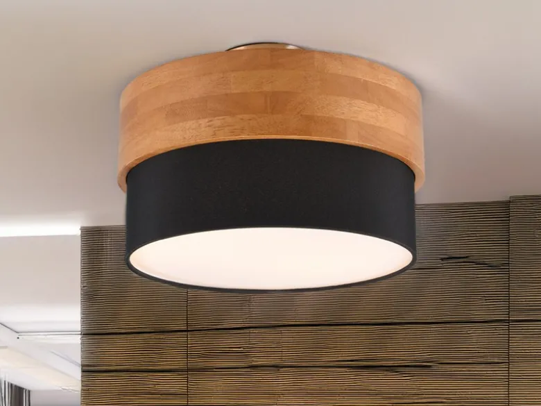 LED Deckenleuchte Holzlampe mit Stoffschirm Schwarz, Ø 30cm