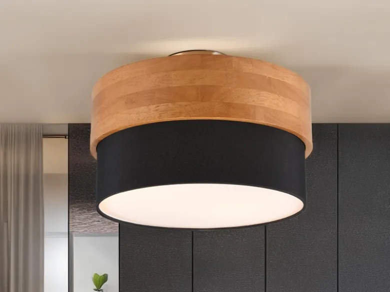 LED Deckenleuchte Holzlampe mit Stoffschirm Schwarz, Ø 30cm