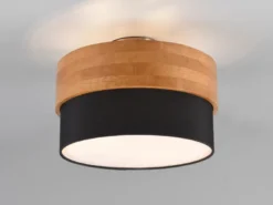 LED Deckenleuchte Holzlampe mit Stoffschirm Schwarz, Ø 30cm