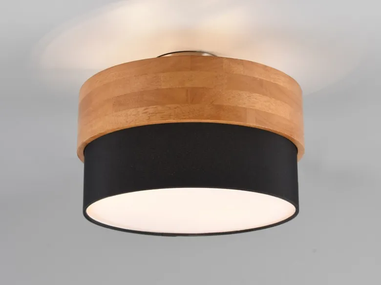 LED Deckenleuchte Holzlampe mit Stoffschirm Schwarz, Ø 30cm