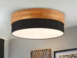 LED Deckenleuchte Holzlampe mit Stoffschirm Schwarz, Ø 50cm