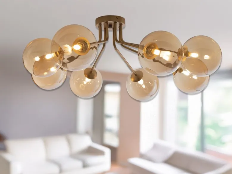 LED Deckenleuchte in Gold mit 8 Glaskugeln Bernsteinfarbig, Breite 88cm