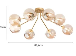 LED Deckenleuchte in Gold mit 8 Glaskugeln Bernsteinfarbig, Breite 88cm