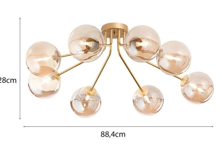 LED Deckenleuchte in Gold mit 8 Glaskugeln Bernsteinfarbig, Breite 88cm