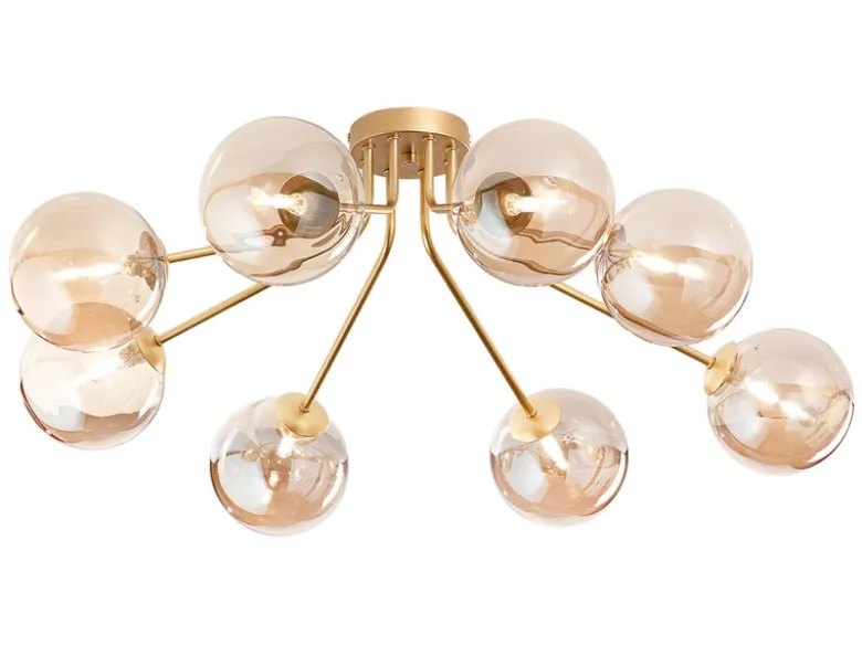 LED Deckenleuchte in Gold mit 8 Glaskugeln Bernsteinfarbig, Breite 88cm
