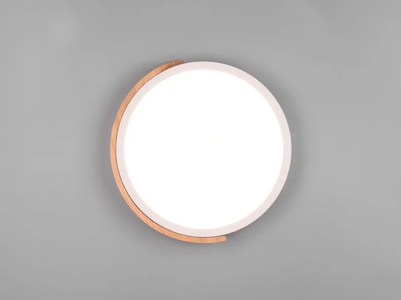 LED Deckenleuchte JANO rund Weiß mit Holz, 3 Stufen Dimmer, Ø31cm