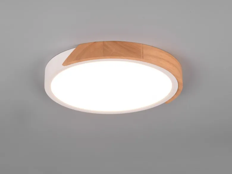 LED Deckenleuchte JANO rund Weiß mit Holz, 3 Stufen Dimmer, Ø31cm