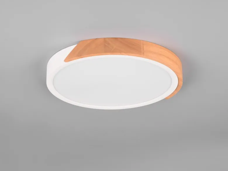 LED Deckenleuchte JANO rund Weiß mit Holz, 3 Stufen Dimmer, Ø31cm