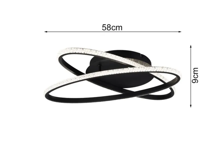 LED Deckenleuchte LANE dimmbar, Kristall Ringe oval schwenkbar Schwarz, Ø 58cm