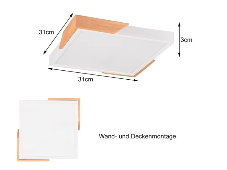 LED Deckenleuchte META eckig Weiß mit Holz, 3 Stufen Dimmer, Quadrat 31cm