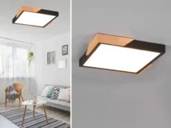 LED Deckenleuchte META eckig Schwarz mit Holz, 3 Stufen Dimmer, Quadrat 31cm