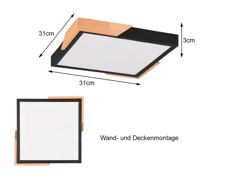 LED Deckenleuchte META eckig Schwarz mit Holz, 3 Stufen Dimmer, Quadrat 31cm