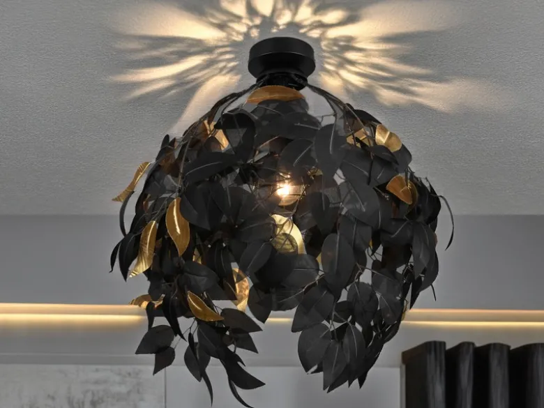 LED Deckenleuchte mit Blätter Lampenschirm Schwarz Gold, Ø 38cm