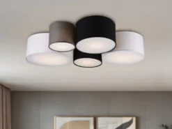 LED Deckenleuchte mit fünf Stoffschirmen mehrfarbig, Breite 90cm