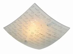 LED Deckenleuchte mit Glasschirm Weiß & Schriftdekor, Quadrat 30cm