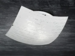 LED Deckenleuchte mit Glasschirm Weiß & Schriftdekor, Quadrat 40cm