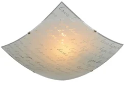 LED Deckenleuchte mit Glasschirm Weiß & Schriftdekor, Quadrat 40cm