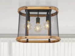 LED Deckenleuchte mit Holz & Gitter Schwarz 3-flammig, Breite 45cm