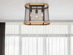 LED Deckenleuchte mit Holz & Gitter Schwarz 3-flammig, Breite 45cm
