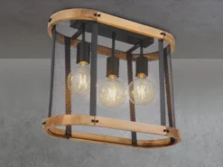 LED Deckenleuchte mit Holz & Gitter Schwarz 3-flammig, Breite 45cm
