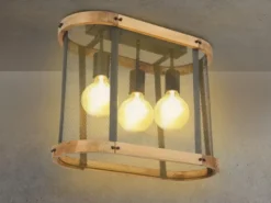LED Deckenleuchte mit Holz & Gitter Schwarz 3-flammig, Breite 45cm