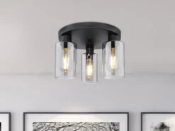 LED Deckenleuchte mit 3 Rauchglas Lampenschirmen Metall Schwarz, Ø 34cm