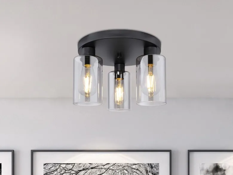 LED Deckenleuchte mit 3 Rauchglas Lampenschirmen Metall Schwarz, Ø 34cm