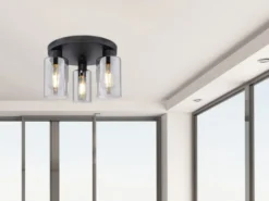 LED Deckenleuchte mit 3 Rauchglas Lampenschirmen Metall Schwarz, Ø 34cm