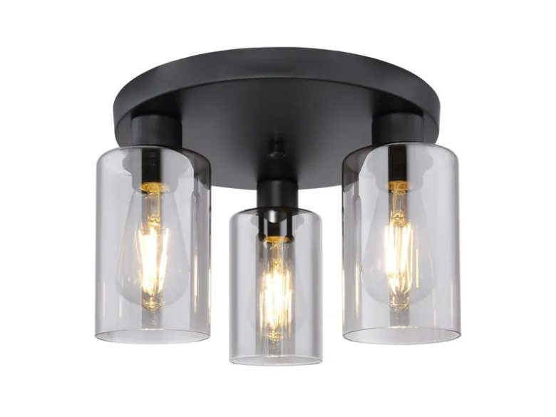 LED Deckenleuchte mit 3 Rauchglas Lampenschirmen Metall Schwarz, Ø 34cm