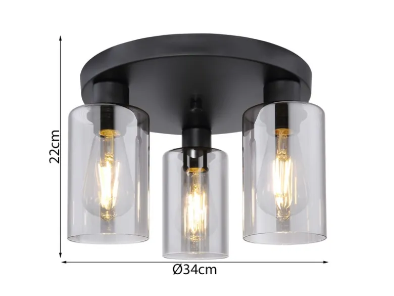 LED Deckenleuchte mit 3 Rauchglas Lampenschirmen Metall Schwarz, Ø 34cm