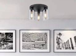 LED Deckenleuchte mit 3 Rauchglas Lampenschirmen Metall Schwarz, Ø 34cm