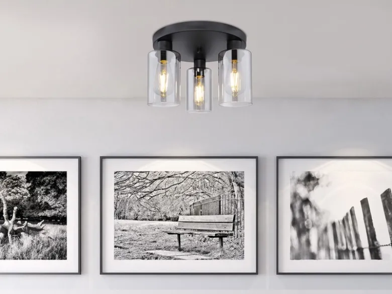 LED Deckenleuchte mit 3 Rauchglas Lampenschirmen Metall Schwarz, Ø 34cm
